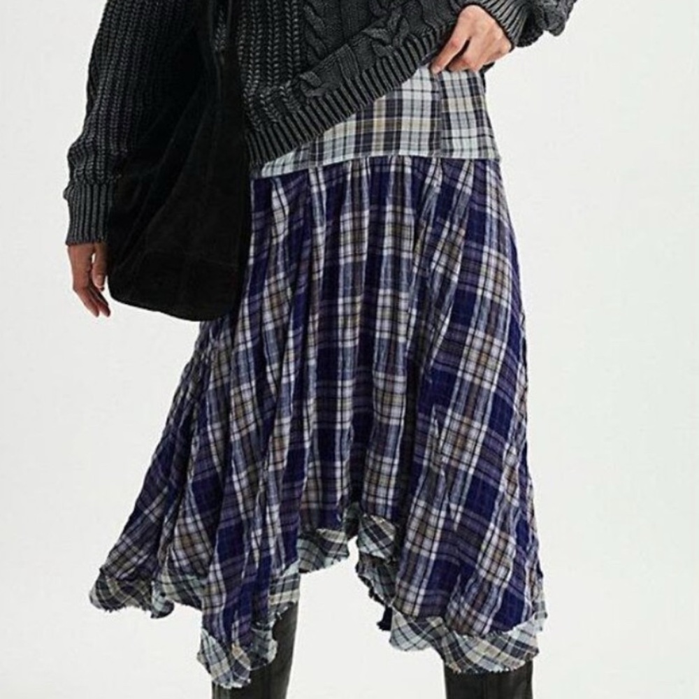 Free People Whitestone plaid midi skirt blue